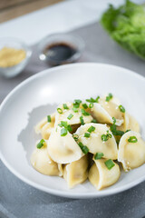 Chinese dumplings jiaozi in the white plate on the gray backrgound with napa chinese cabbage and seesam seed and soy sauce with a napkin