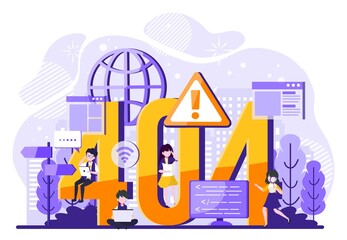 Obraz premium 404 error page not found System updates, uploading, operation, computing, installation programs. system maintenance. Tiny people illustration . Vector illustration