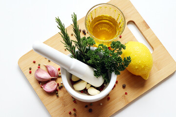 mortar filled with fresh herbs