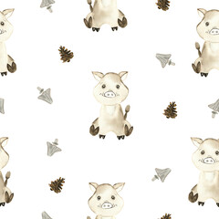 Watercolor small boar pattern with acorns and mushrooms. Children's seamless print.