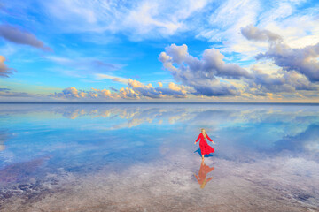 Silhouette of a young woman in a long red dress walking along the salty shore of the Dead Sea