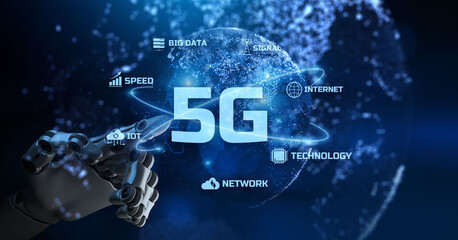 5G technology high speed internet connection communication concept. Robot hand pressing button on screen.