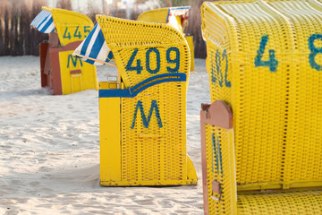 Cuxhaven- September 13 2020: Cuxhaven, Germany. Close-up of beach chairs on a sunny day in autumn...