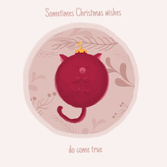 Funny Christmas cat template. Merry christmas card  with digitally hand drawn cat illustration.