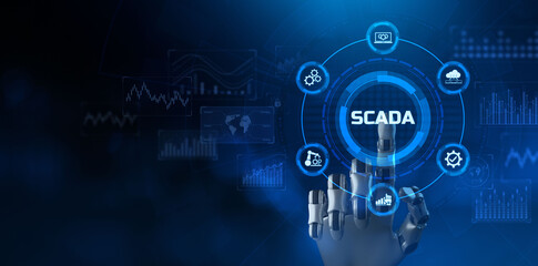 SCADA Supervisory control and data acquisition technology concept on virtual screen. Robot pressing...