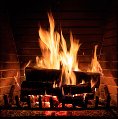 Fireplace burning wood logs, cozy warm home christmas time