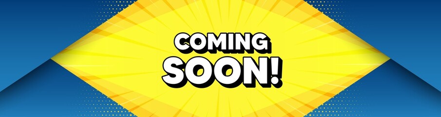 Coming soon. Modern background with offer message. Promotion banner sign. New product release symbol. Best advertising abstract banner. Coming soon badge shape. Abstract yellow background. Vector