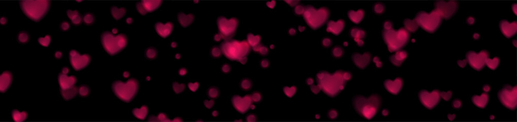 Black greeting card banner with purple shiny glowing hearts with bokeh effect. St Valentines Day vector background