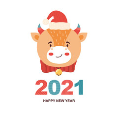 Fototapeta na wymiar 2021 mascot is the bull. Cartoon Funny character ox in a Santa Claus hat and with a bell. Logo of new year of the ox. Close-up of a cow face. Vector illustration. Congratulatory holiday inscription.