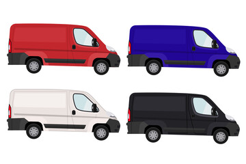 Minivan, delivery of goods. Set of minivans in different colors. Vector illustration.