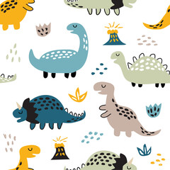 Fototapeta na wymiar Childish seamless pattern with cute dinosaurs . Creative texture for fabric and textile