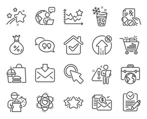 Fototapeta premium Business icons set. Included icon as Rfp, Businessman case, Atom signs. Quote bubble, Incoming mail, Accounting report symbols. Seo shopping, Click here, Ranking stars. Loan percent, Loan. Vector