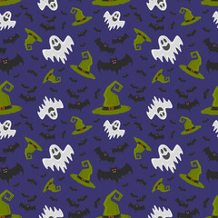 Fototapeta na wymiar Pattern with ghost, bats and witch hat . Helloween. illustration. or gift paper, textiles, clothes, social networks, wallpaper, prints, festive decor.