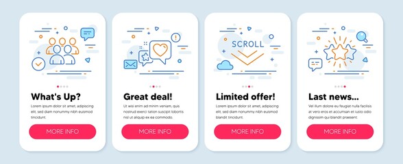 Set of Technology icons, such as Scroll down, Heart, Group symbols. Mobile app mockup banners. Star line icons. Swipe screen, Star rating, Developers. Customer feedback. Scroll down icons. Vector