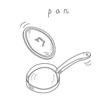 Frying pan with a pan lid in motion cartoon sketch. Kitchenware essentric doodle vector hand drawn illustration