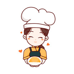 homemade logo template element with cute female chef with holding plate and croissant love hand drawn vector illustration