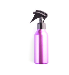 Pink cosmetic spray bottle isolated on white background. Plastic container closeup