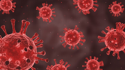 Microscope of Coronavirus disease. Red COVID-19. Pandemic medical concept. 3D rendering illustration.