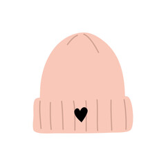 Hand drawn Knit Beanie with Embroidered Patch Love. Flat vector illustration.