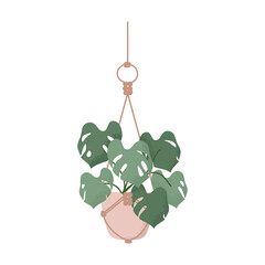 Houseplant monstera hanging macrame planter hand drawn vector art elements illustration