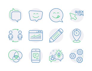 Technology icons set. Included icon as Website statistics, Idea, Euler diagram signs. Smile face, Quick tips, Message symbols. Yummy smile, Pencil, Workflow. Messenger, Timer, Gears. Vector
