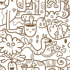 Naklejka na ściany i meble Seamless surreal pattern with cute cartoon monsters on white background. Wallpapers with various creatures. Print with funny doodle snakes and dragons.