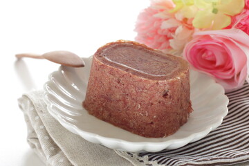 Canned corned beef on white dish with copy space