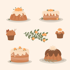 Set of cakes and desserts. Vector illustration.