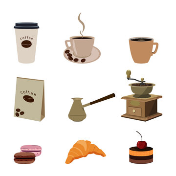 Different types of coffee, cezve, coffee mill and sweet desserts. Set of vector illustrations