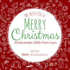 Green and red traditional Christmas invitation with doodle elements. Winter background for invitations, cards and christmas designs