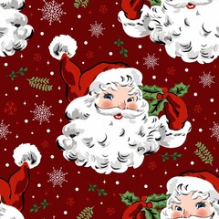 Santa Claus with snowflake and holly, vintage style pattern. Cute seamless Christmas holidays cartoon character background. Separate elements.