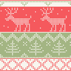 Seamless Handmade knitted background patterns with deers and snowflakes, scandinavian ornaments. Vector illustration of wrapping paper for Christmas gift. Greeting Christmas cards