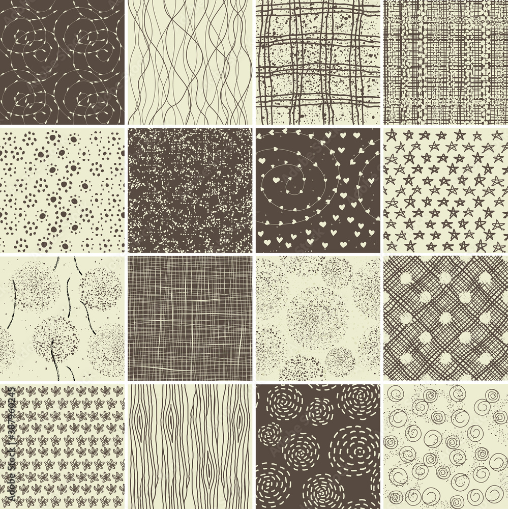 Poster set of 16 doodle seamless patterns and textures.
Vector