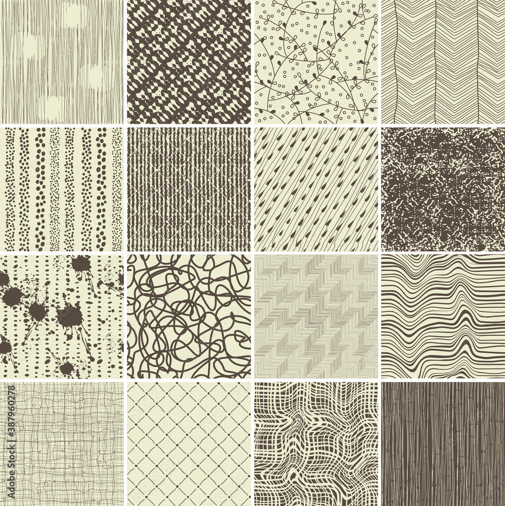 Fototapete set of 16 doodle seamless patterns and textures.
Vector