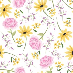 Vector hand drawn floral pattern, delicate flowers, yellow, blue and pink flowers, sunflower, rose, daisy, for greeting cards and fabric