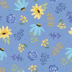Vector hand drawn floral pattern, delicate flowers, yellow, blue and pink flowers, sunflower, rose, daisy, for greeting cards and fabric