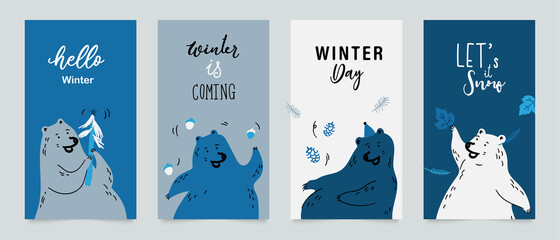 Winter bear background vector.  New year and Christmas vector illustrations design for social media post and stories, Cover, wallpaper, wall arts, Winter design for advertising and banners.