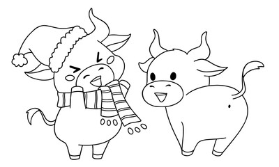 Set of two different little cow wearing Christmas costume.