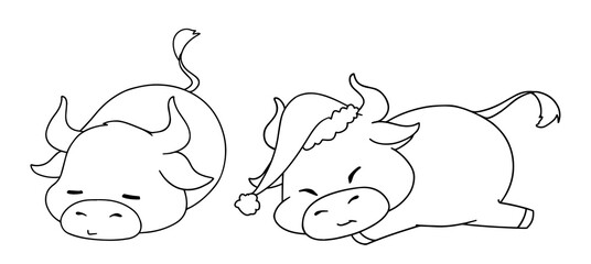 Set of two different little cow wearing Christmas costume.