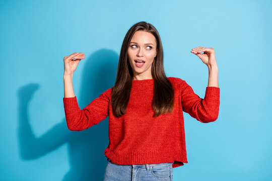 Bla bla bla. Silly lady hands expressing talking fingers wear red knitted sweater isolated blue color background