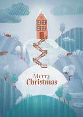 Winter house with snowy hills, hand drawn Christmas card. Merry Christmas card background with painted blue and brown..
