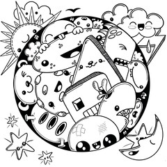 illustration Cute doodle characters in a circle 