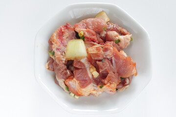 Barbecue cooking, pork spare ribs and onion marinated