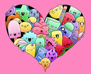 Illustration of a heart shaped balloon filled with cute doodle characters 