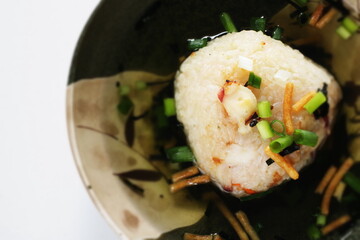 Japanese food, grilled rice ball in broth soup for homemade comfort food