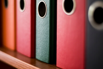 Colorful files on a shelf to assort the documents in the office. Red, orange and green plastic...