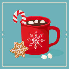 Hot chocolate with marshmallow and gingerbread. Vector illustration in hand drawn, doodle style. Winter, Christmas card template