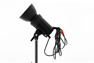 Studio lights and flash bulbs are available separately on white background. Photography equipment with professional technology