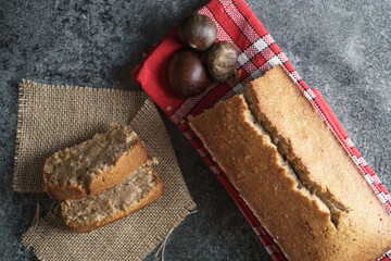 Autumn chestnut cake on a red and white cloth