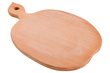 wooden cutting board in the form of an apple or pear slice, on a white background, selective focus